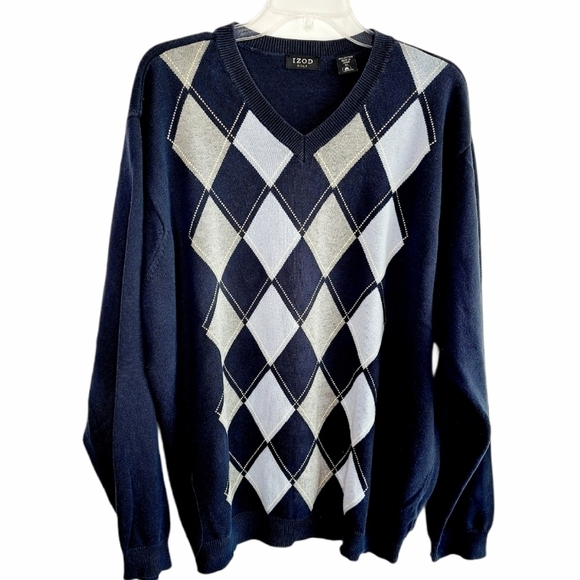 Izod Golf  V Neck Sweater Argyle Navy Blue Gray - Picture 1 of 8